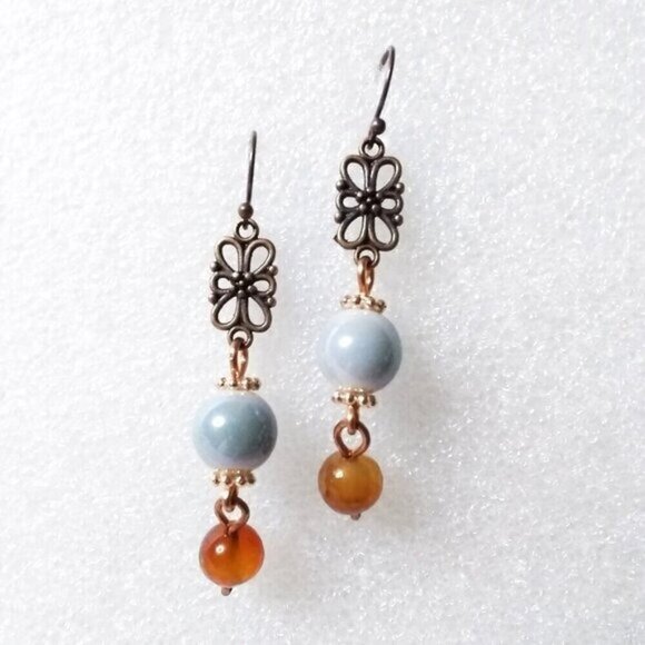 Mid-Length Dangle Earrings: Copper + Ceramic + Agate Beads! Casual Boho Chic! - Picture 4 of 6